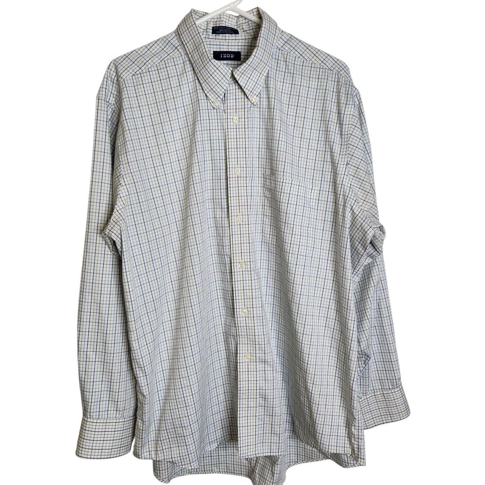 IZOD 80s 2-ply Pinpoint Blue Check Cotton Oxford LS Button Up Shirt 17.5 34/35